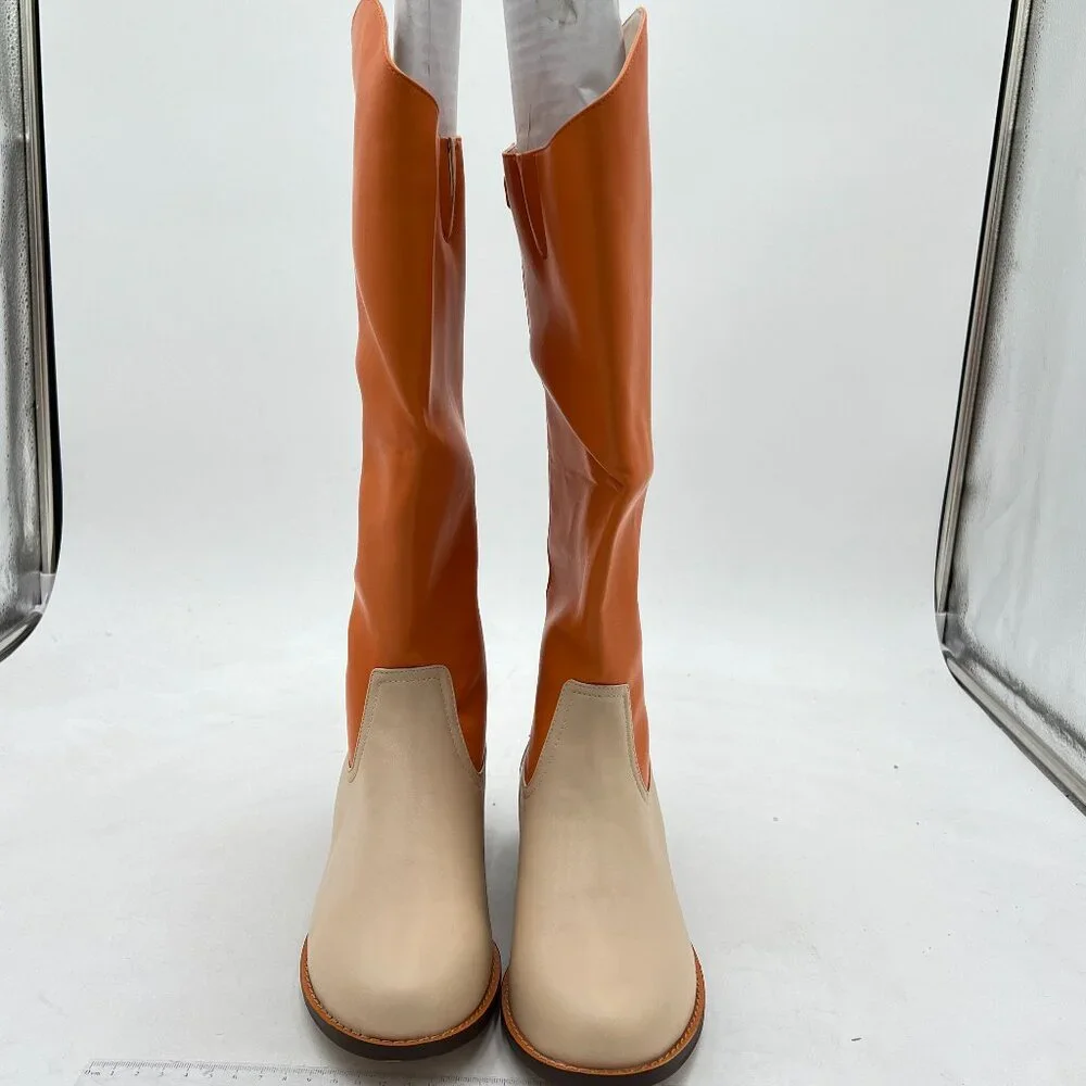 Orange Multicolor Knee High Boots Chunky Heel Round Toe Back Zipper Booties